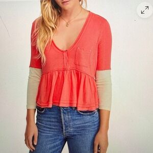 Free People We The Free Coral Pink Peplum Henley Top Long Sleeve Small